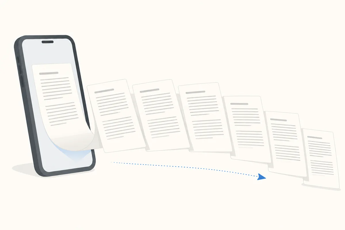 A phone releasing a steady run of photographed pages one after another