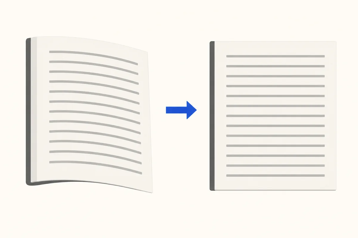 A page whose lines of text curve toward the spine, next to the same page flattened with straight, level lines