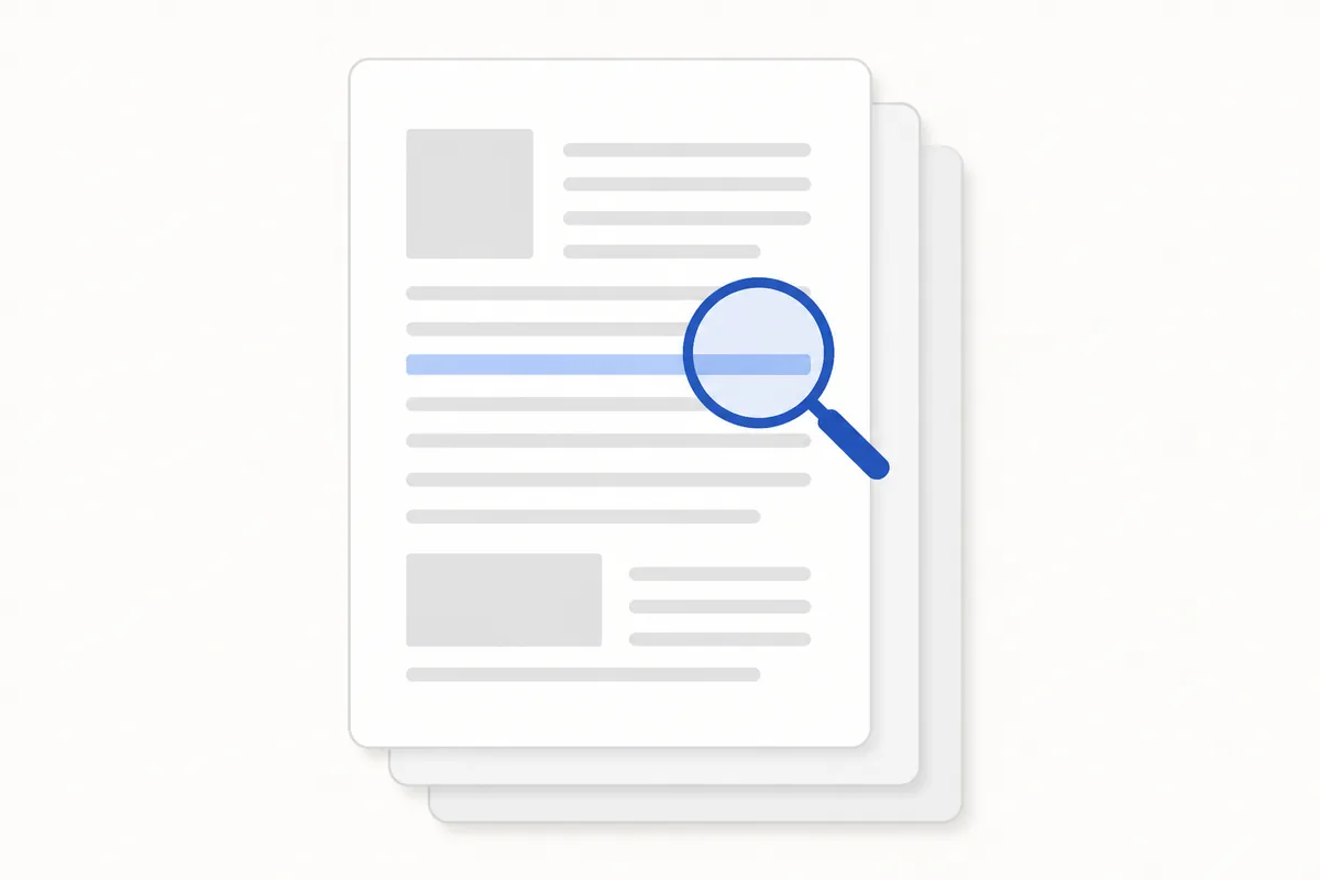 A multi-page document where one line of scanned text is highlighted and found by search