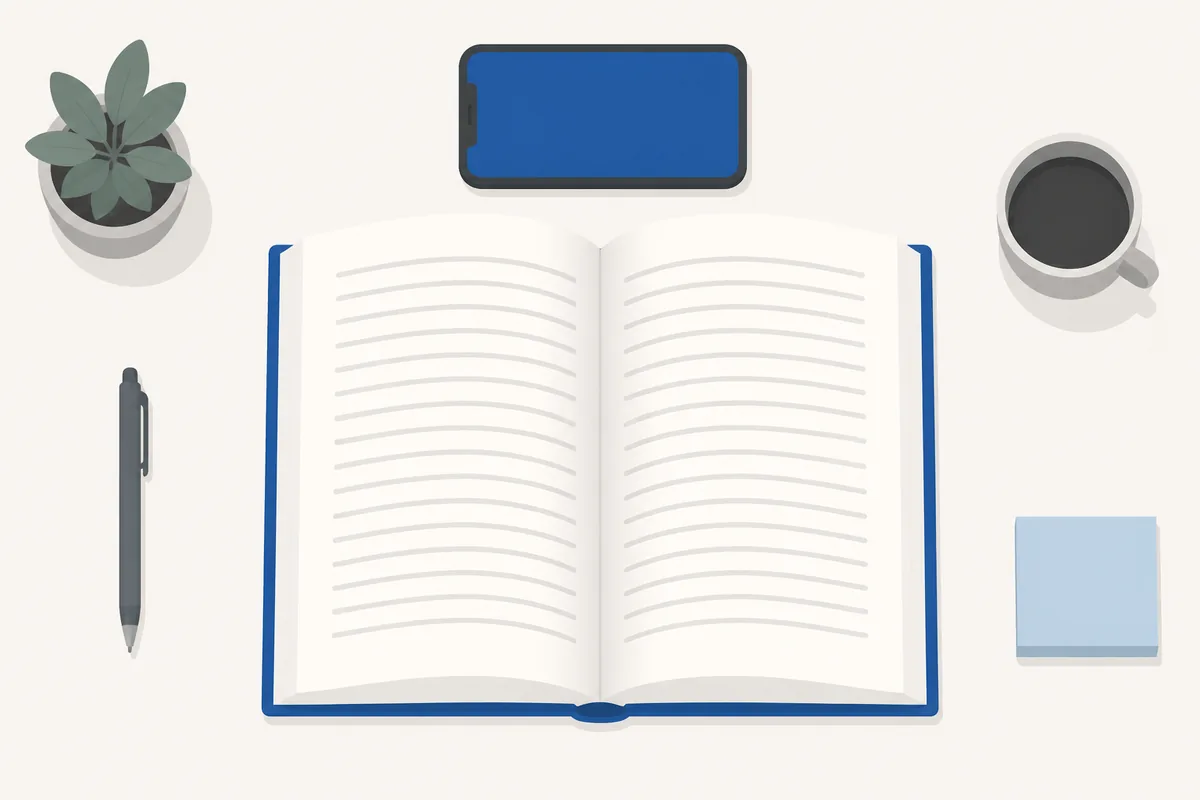 An open book on a desk, its lines of text bending toward the spine, with a phone beside it
