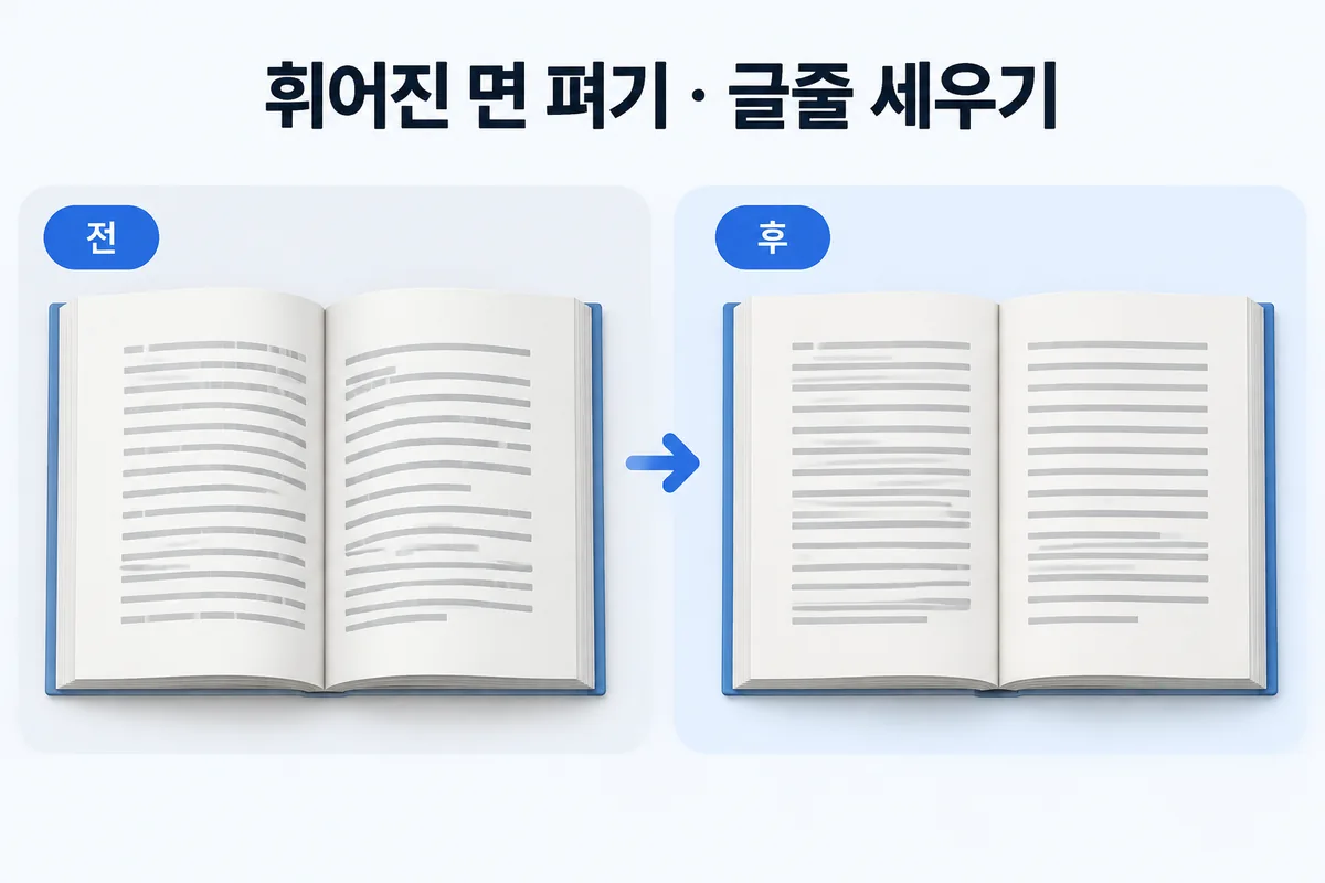 휘어진 면 펴기 · 글줄 세우기 — 전과 후