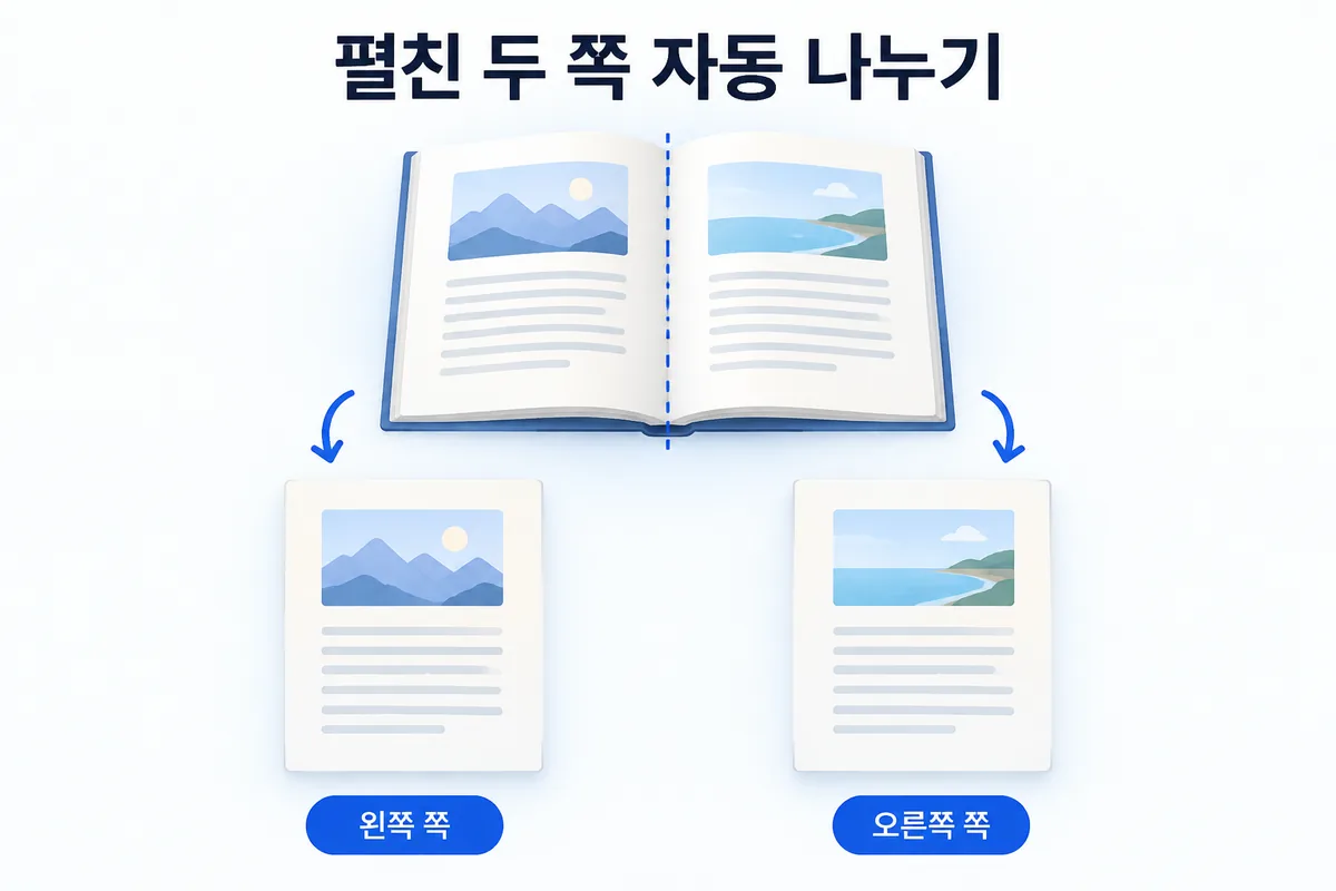 펼친 두 쪽 자동 나누기 — 책등을 기준으로 왼쪽 쪽, 오른쪽 쪽