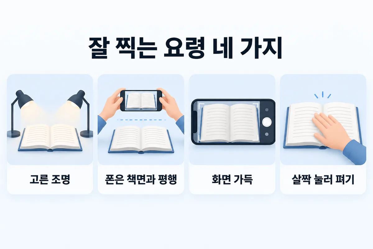 잘 찍는 요령 네 가지 — 고른 조명, 폰은 책면과 평행, 화면 가득, 살짝 눌러 펴기