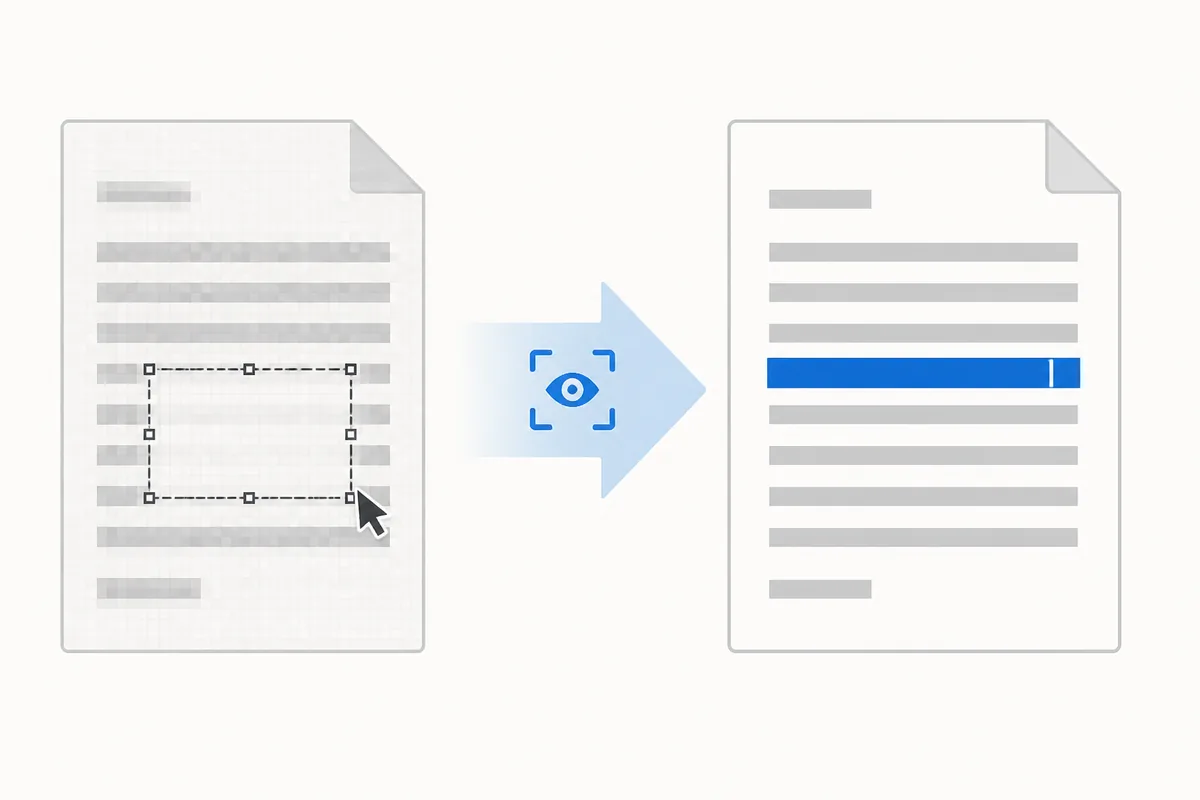 A scanned PDF before and after text recognition — the image becomes selectable, editable text