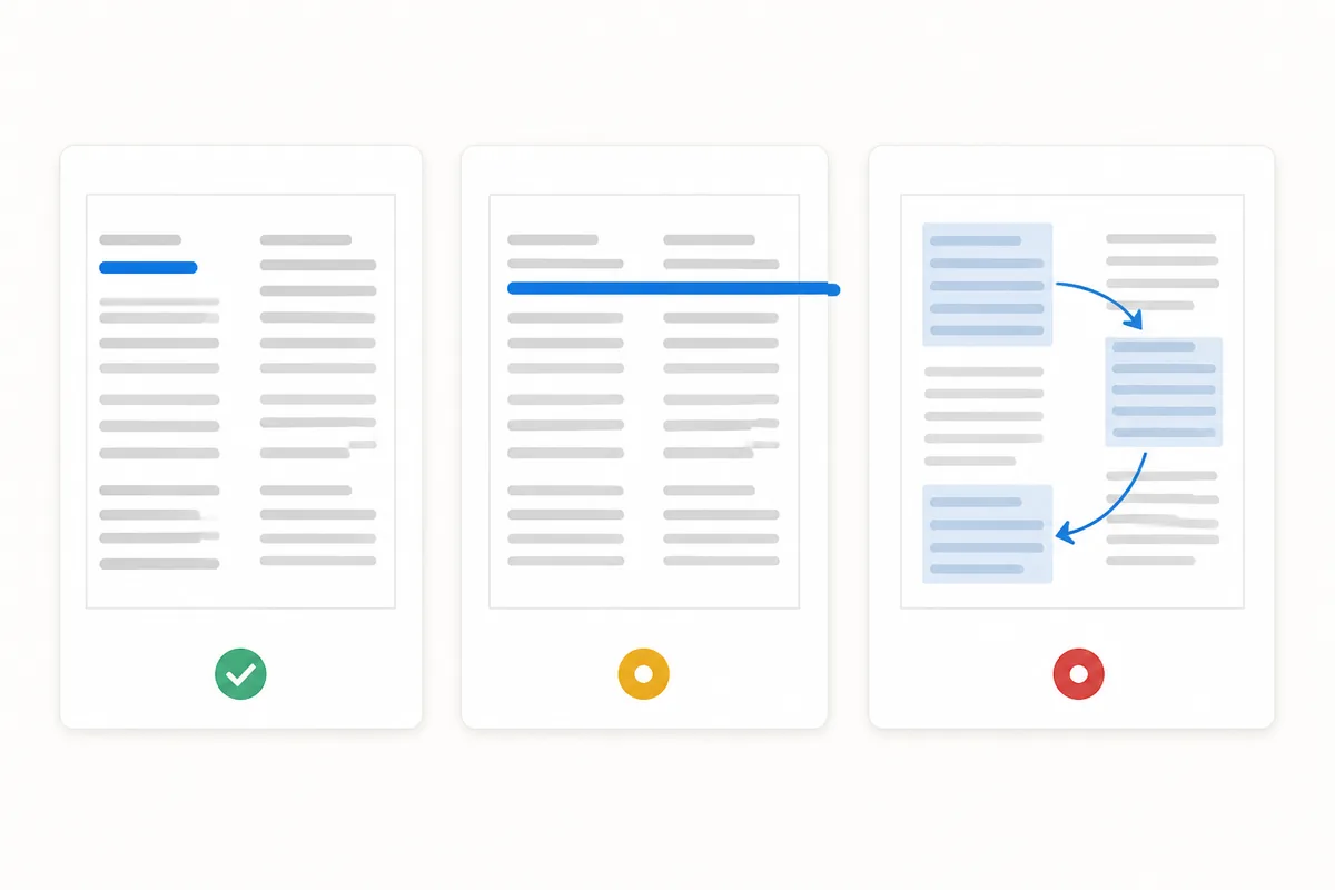 Three kinds of PDF edit — a typo fix, a sentence rewrite, and a layout change