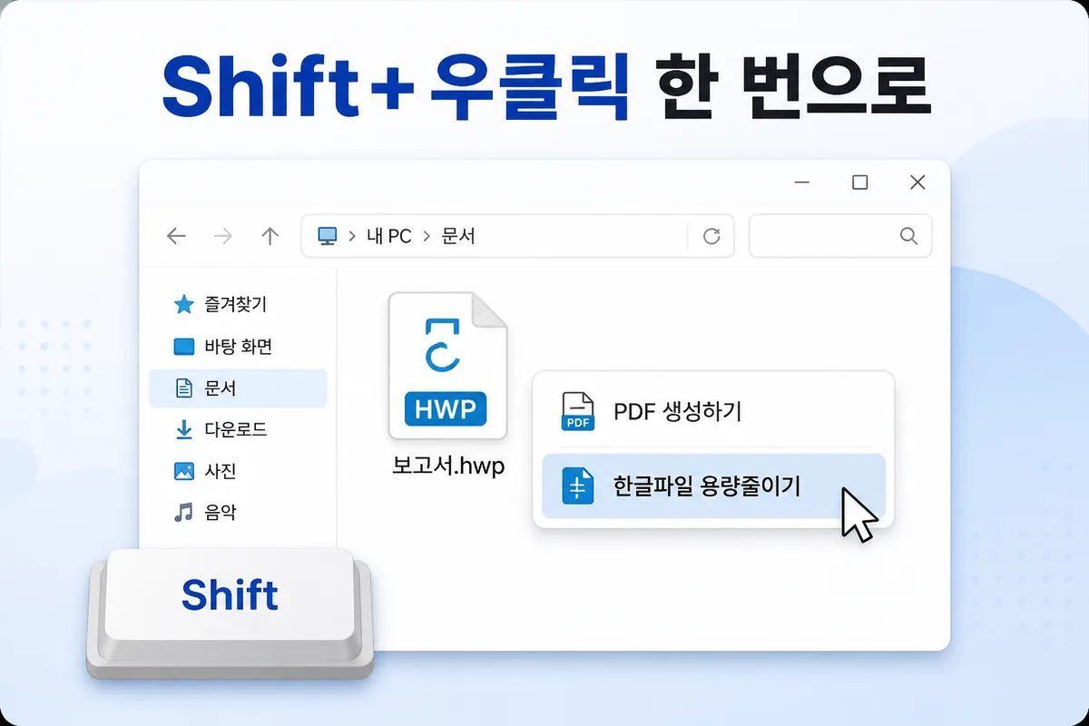 탐색기에서 보고서.hwp 를 Shift+우클릭하면 PDF 생성하기·한글파일 용량줄이기 메뉴가 뜬다