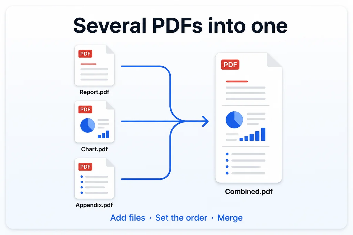 Several PDFs into one — Report.pdf, Chart.pdf and Appendix.pdf combined into Combined.pdf: add files, set the order, merge