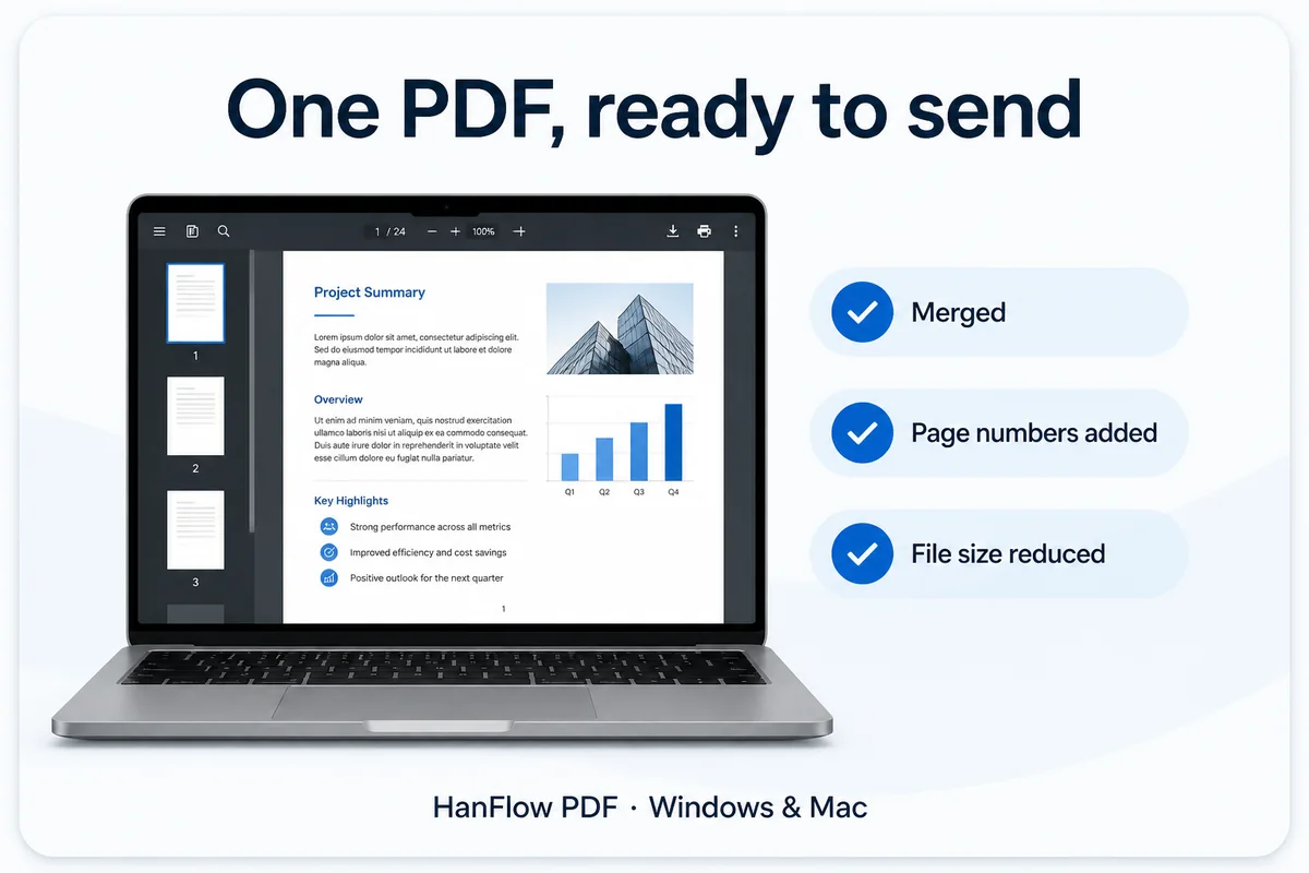 One PDF, ready to send — merged, page numbers added, file size reduced