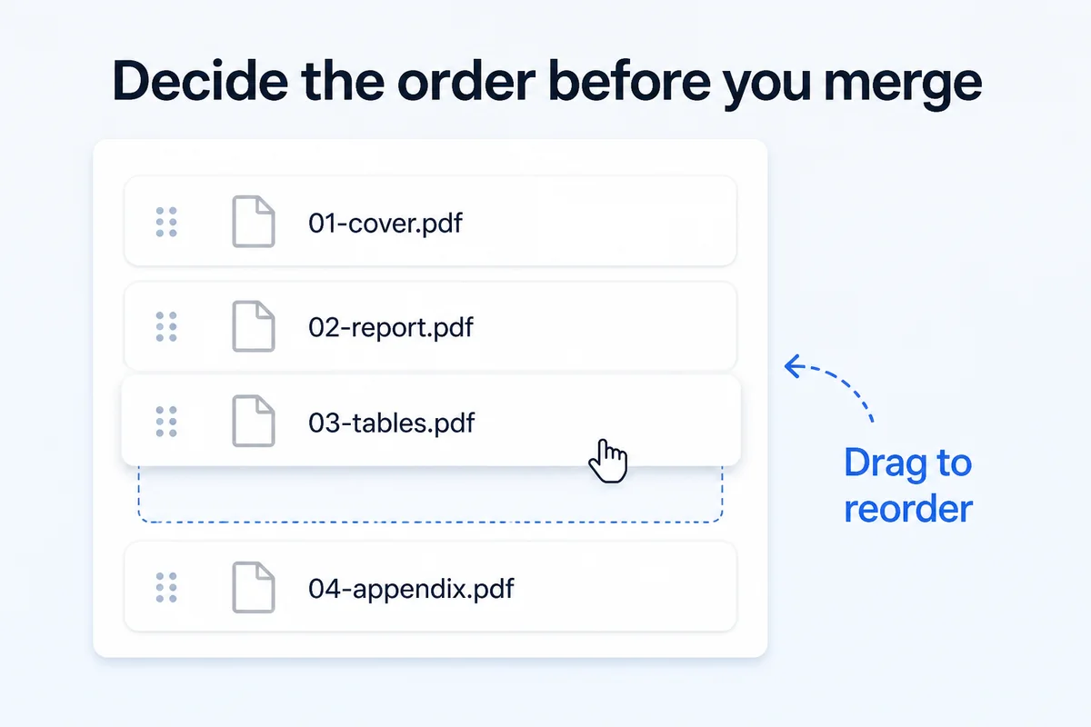 Decide the order before you merge — files numbered 01-cover to 04-appendix, dragged into order