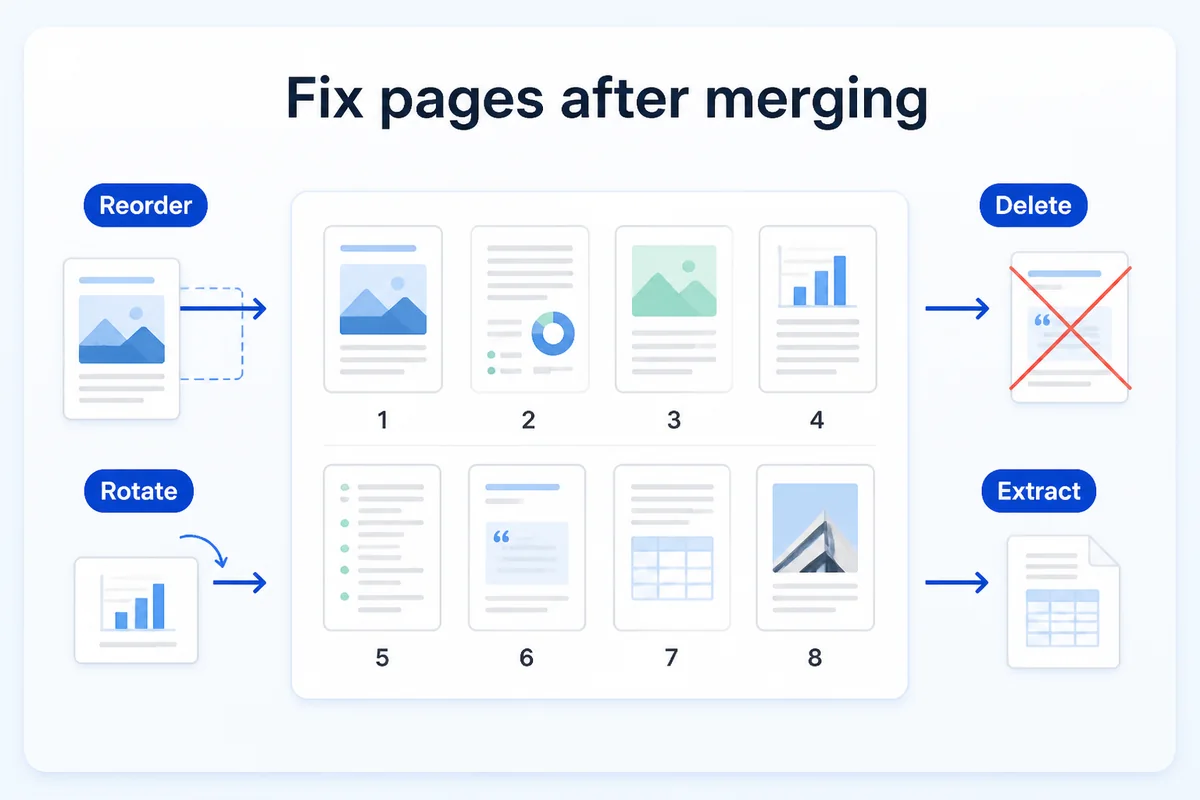 Fix pages after merging — reorder, rotate, delete and extract pages