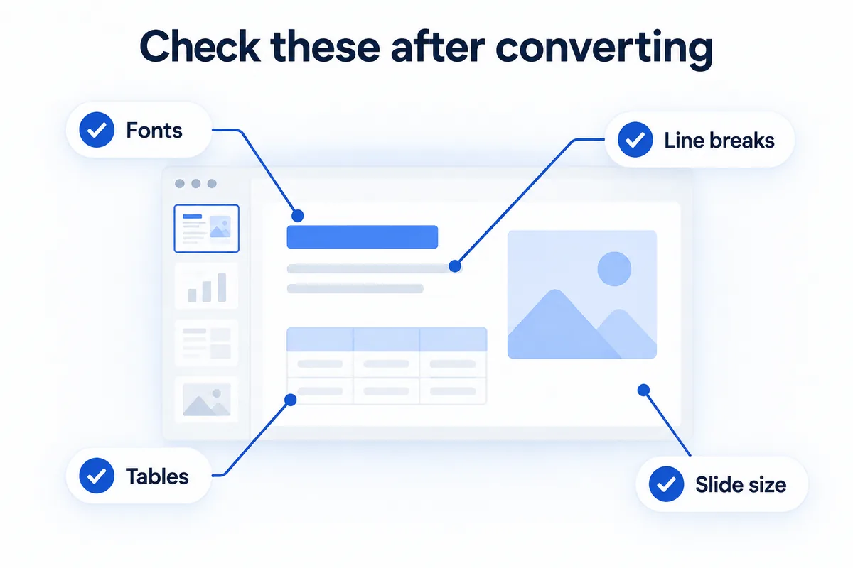 Check these after converting — fonts, line breaks, tables, slide size