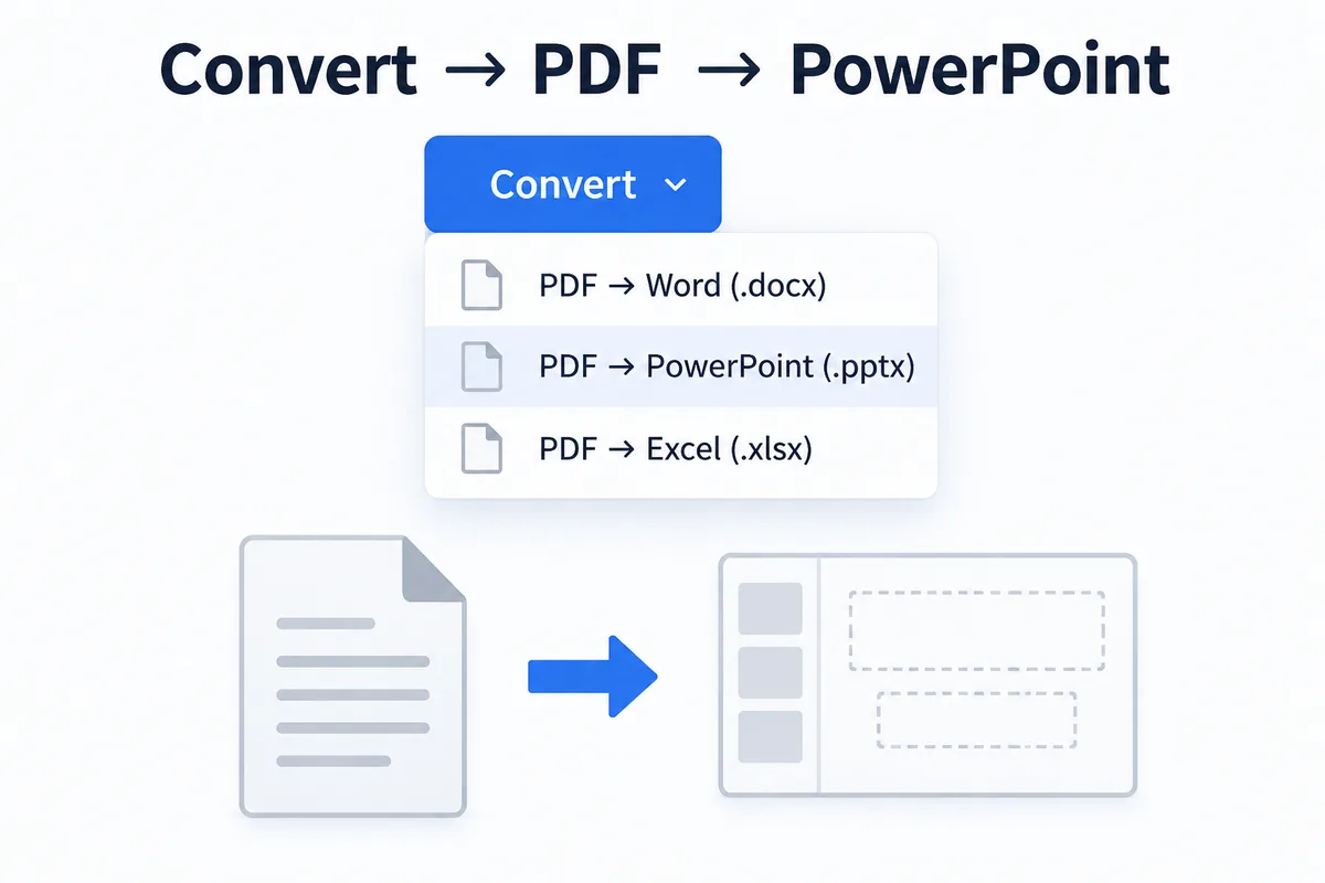 Convert → PDF → PowerPoint (.pptx) in the Convert menu, next to Word and Excel