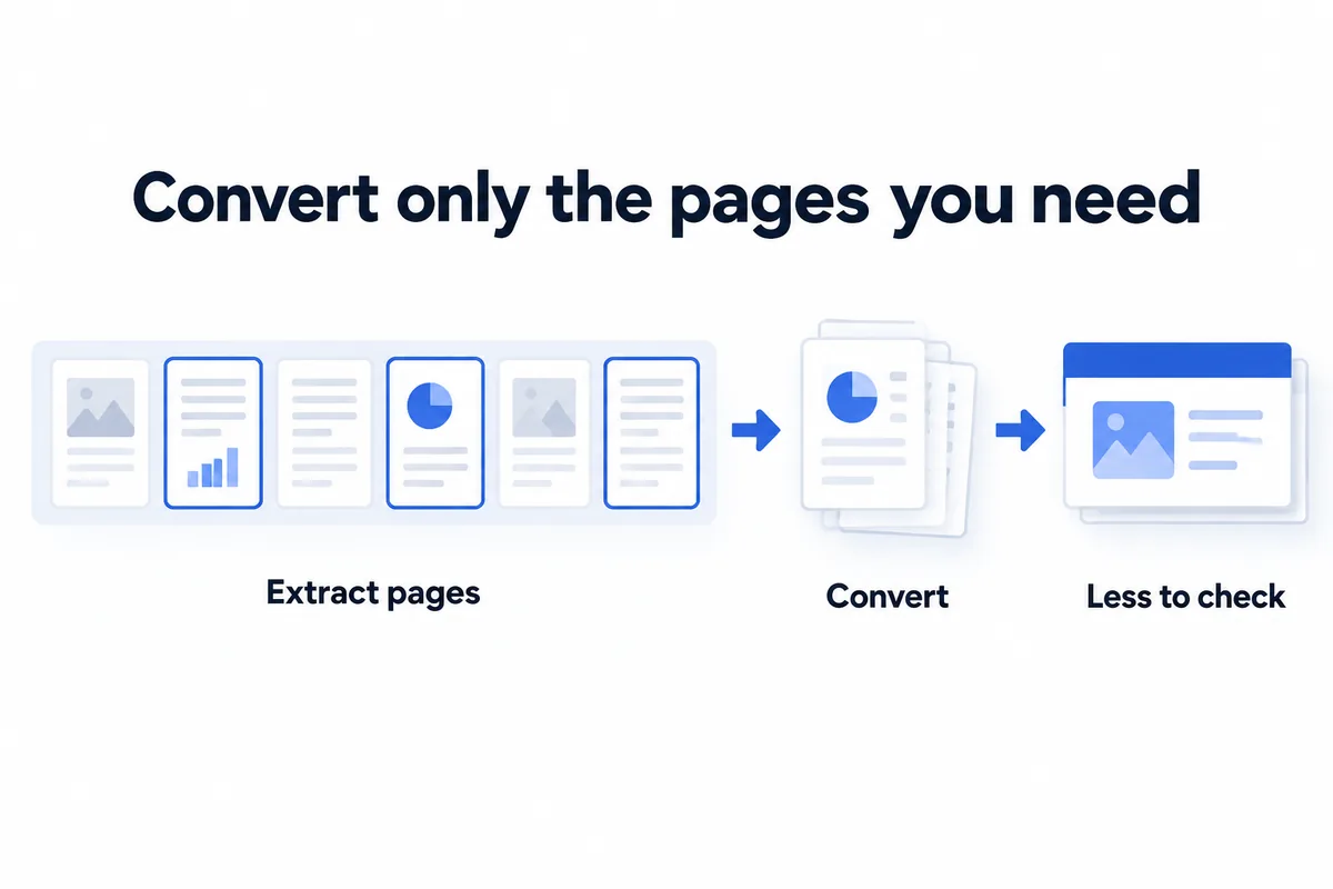Convert only the pages you need — extract pages, convert, less to check