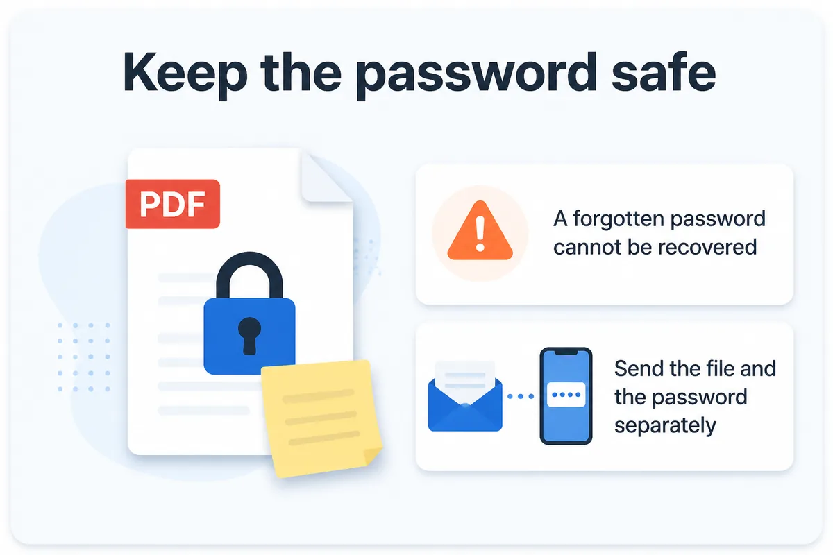 Keep the password safe — a forgotten password cannot be recovered; send the file and the password separately