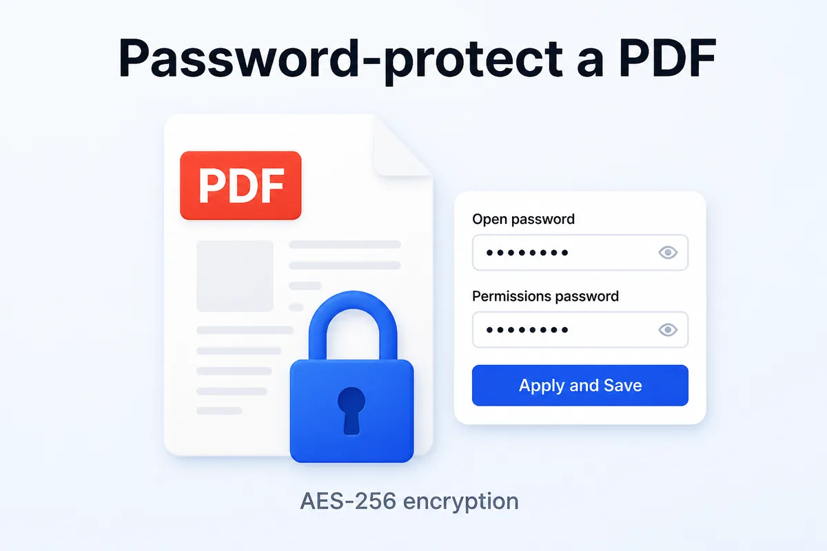 Password-protect a PDF — open password and permissions password, Apply and Save, AES-256 encryption