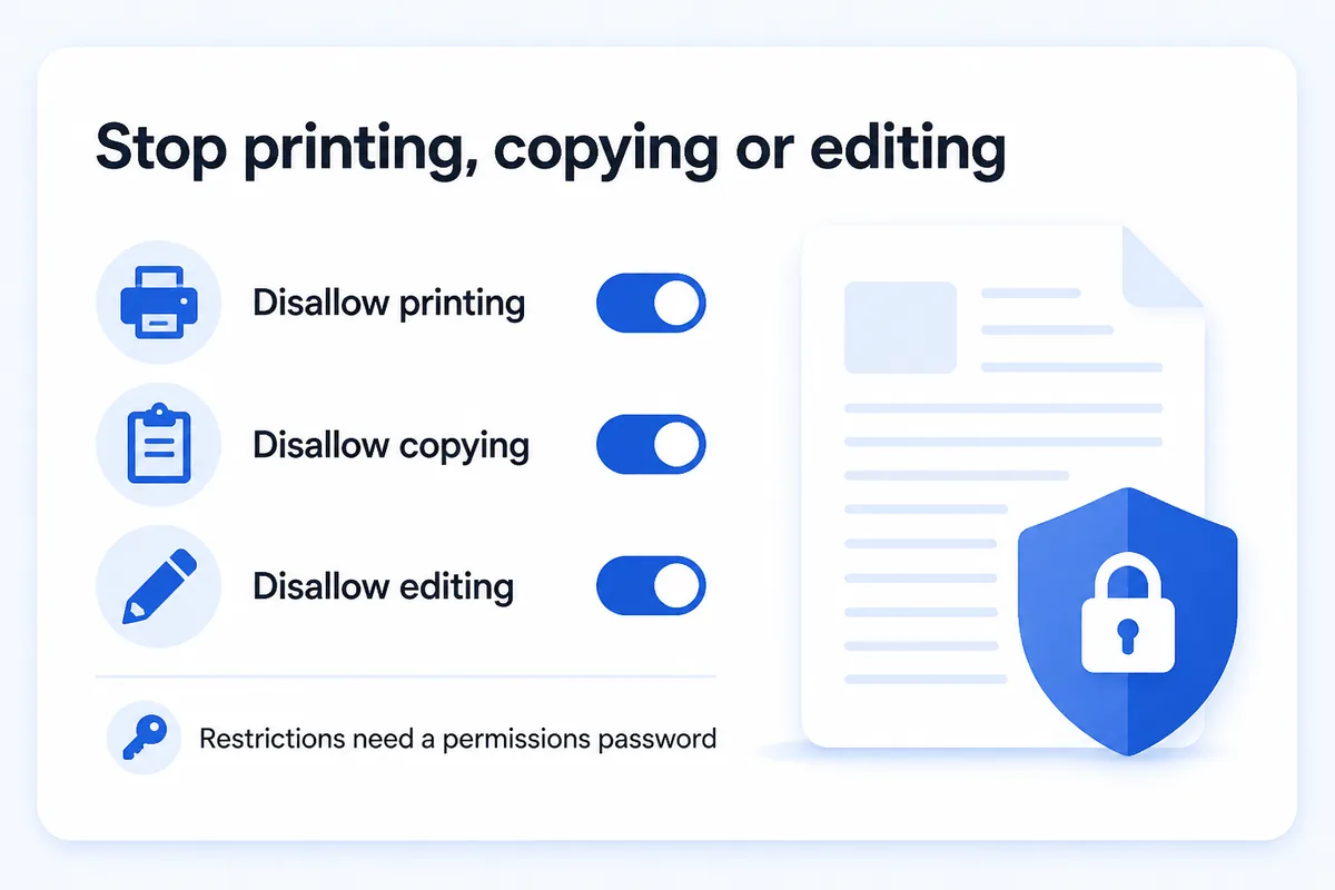 Stop printing, copying or editing — Disallow printing, Disallow copying, Disallow editing need a permissions password
