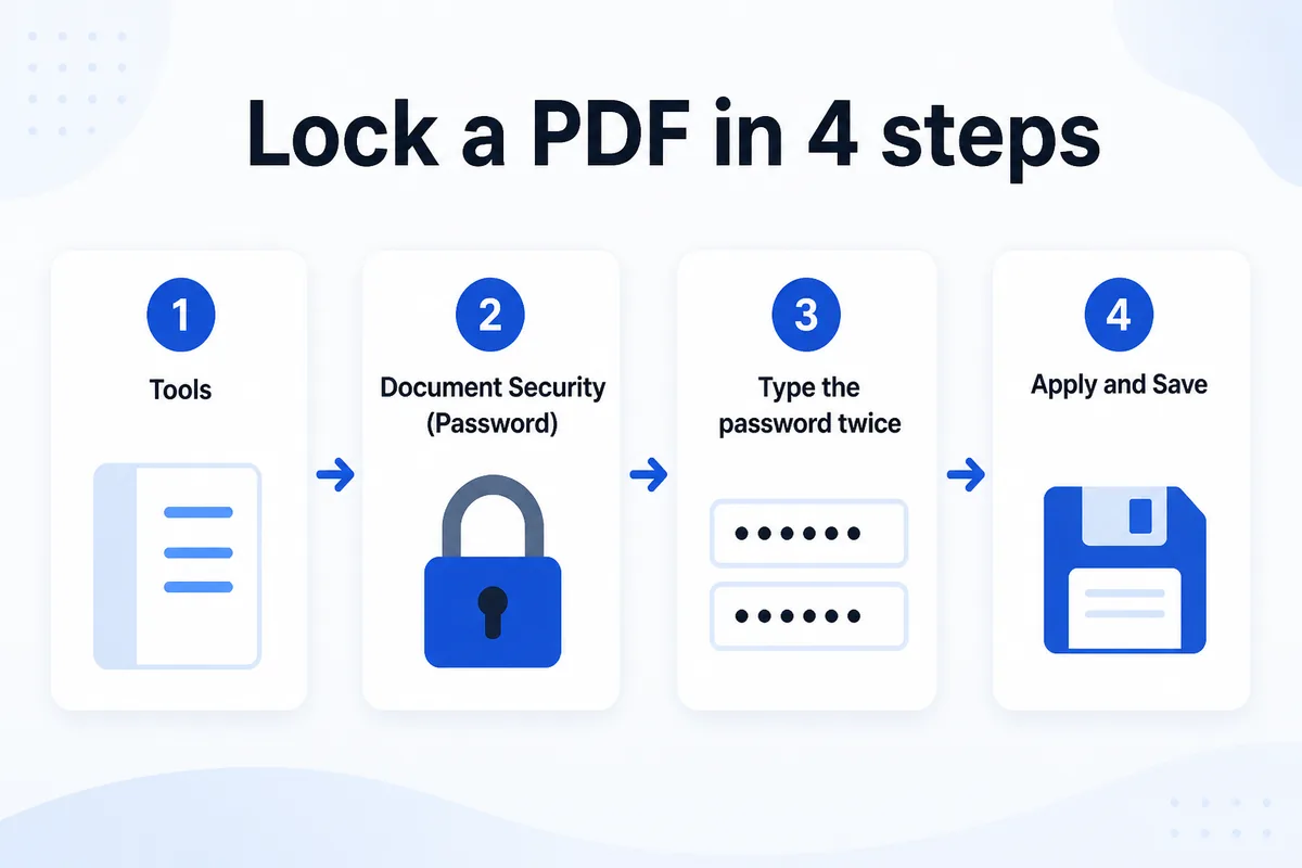 Lock a PDF in 4 steps — Tools, Document Security (Password), type the password twice, Apply and Save