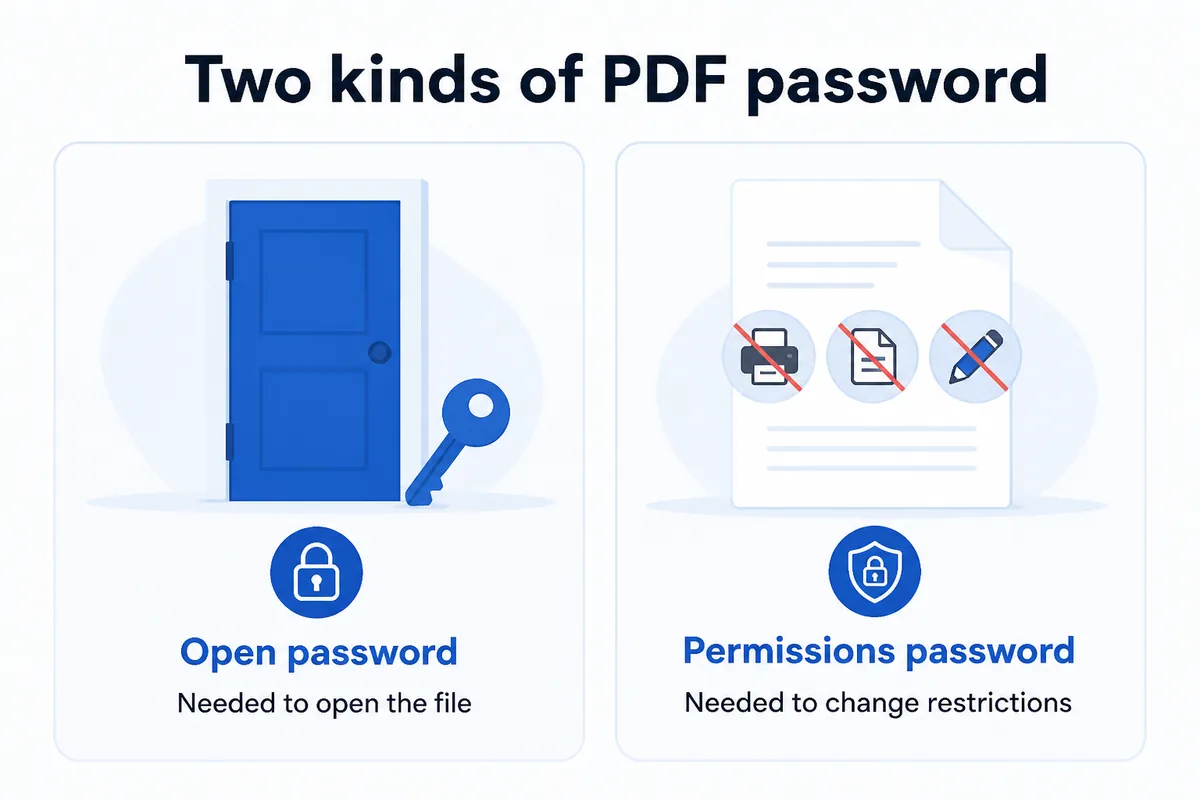 Two kinds of PDF password — Open password is needed to open the file, Permissions password is needed to change restrictions