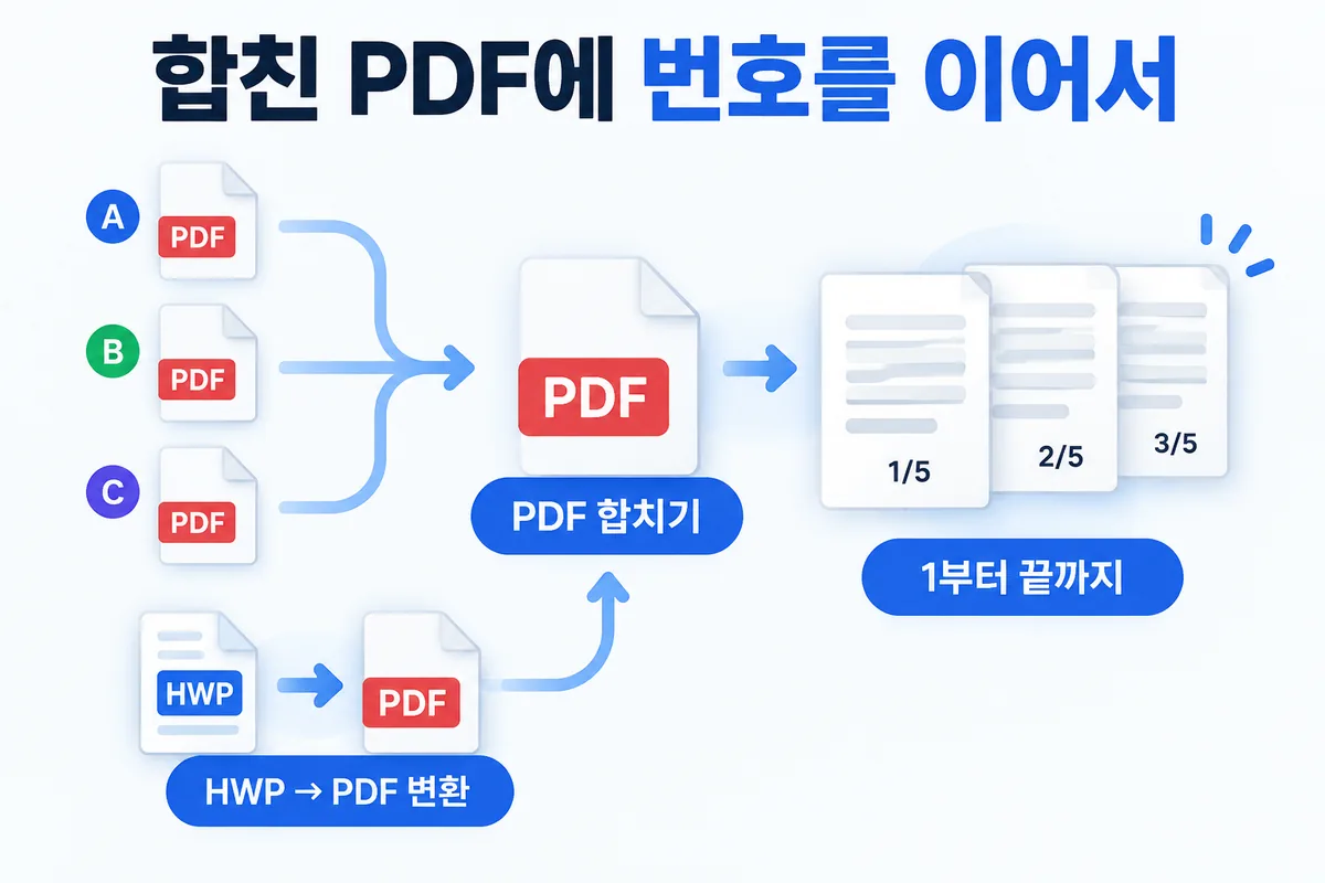 합친 뒤 번호 — 여러 PDF를 하나로 합치고 번호를 넣으면 1부터 이어진다