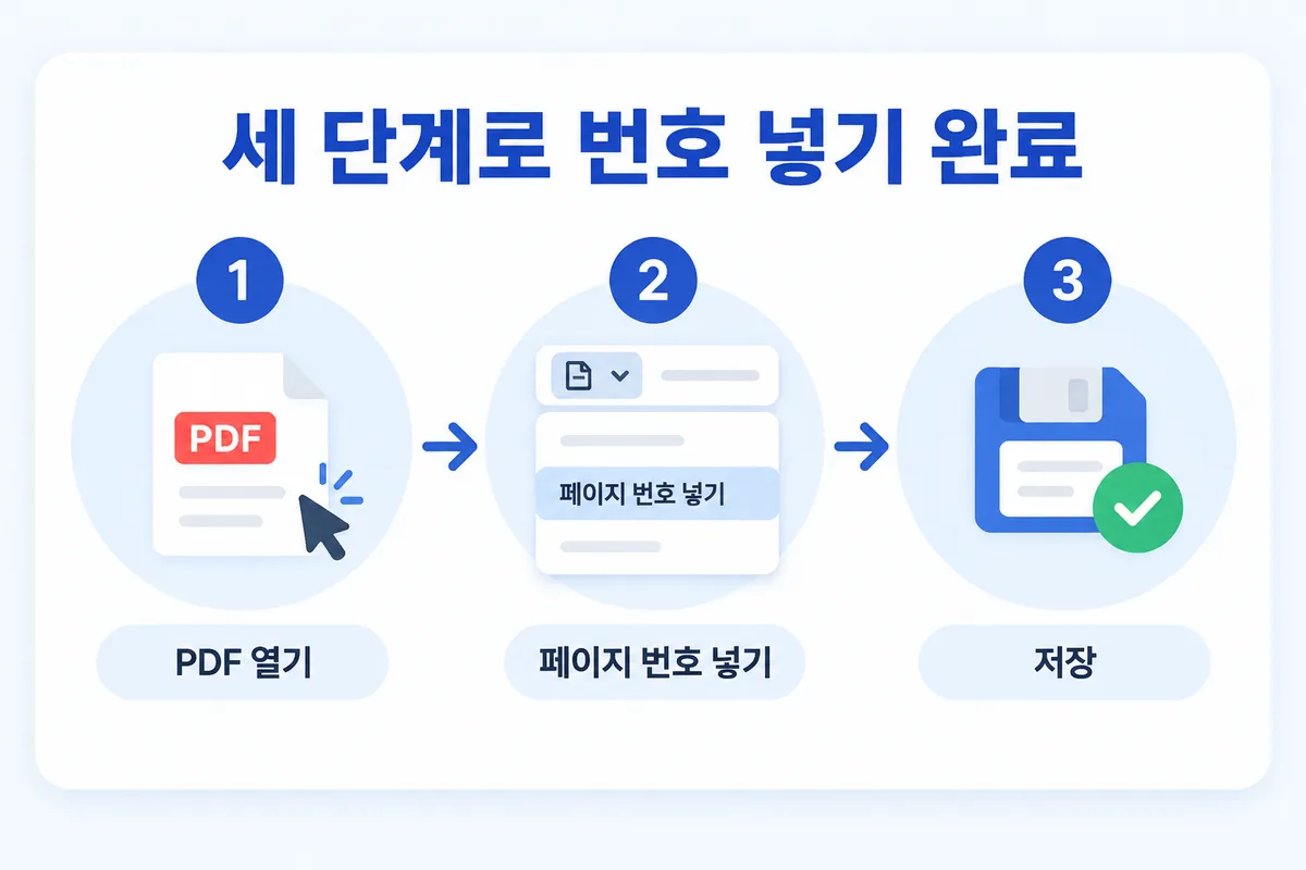 페이지 번호 3단계 — PDF 열기, 도구에서 페이지 번호 넣기, 저장
