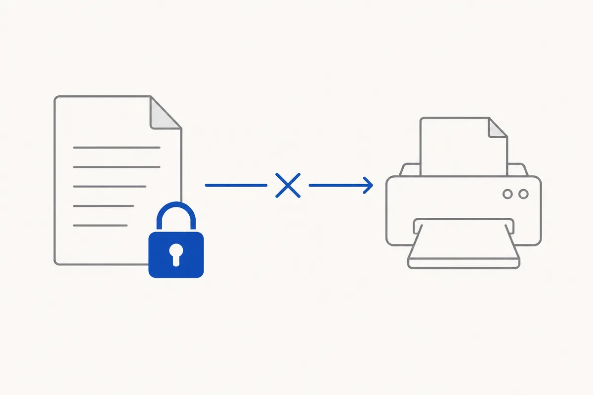 A document marked with a closed padlock, with the arrow that would carry it to the printer crossed out.