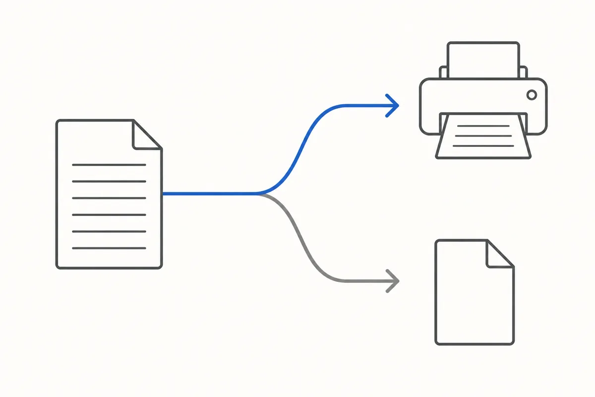 A print arrow forking in two directions: one branch ends at a paper tray, the other at a saved file.