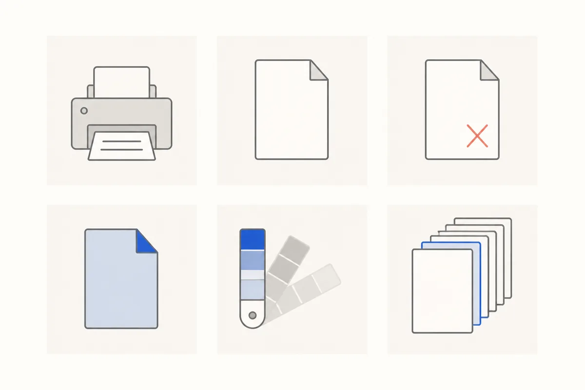 Six small panels, each showing one way printing goes wrong: a greyed-out printer, a blank sheet, a page refused, a saved file instead of paper, colour draining to grey, and a stack with only some pages picked out.