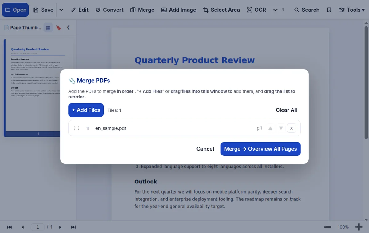 The HanFlow PDF Merge PDFs window with Add Files and Merge to Overview All Pages buttons