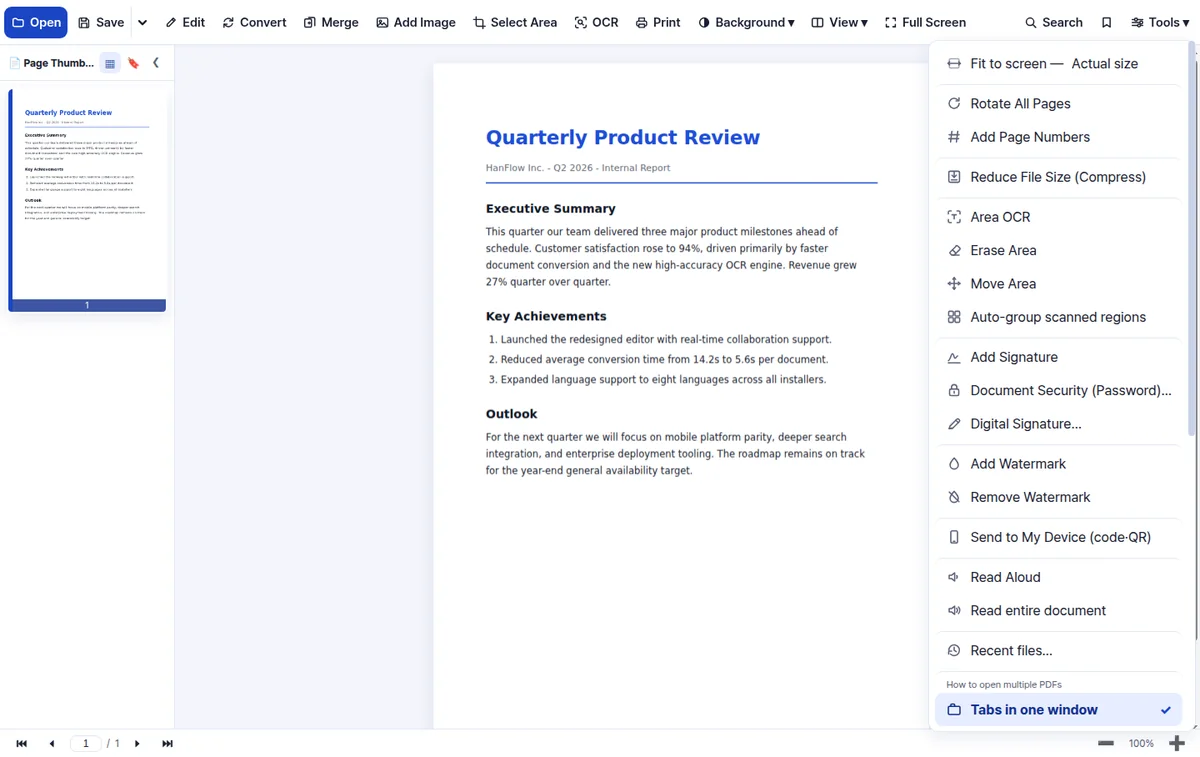 The HanFlow PDF Tools menu listing Reduce File Size, Add Page Numbers, Add Watermark