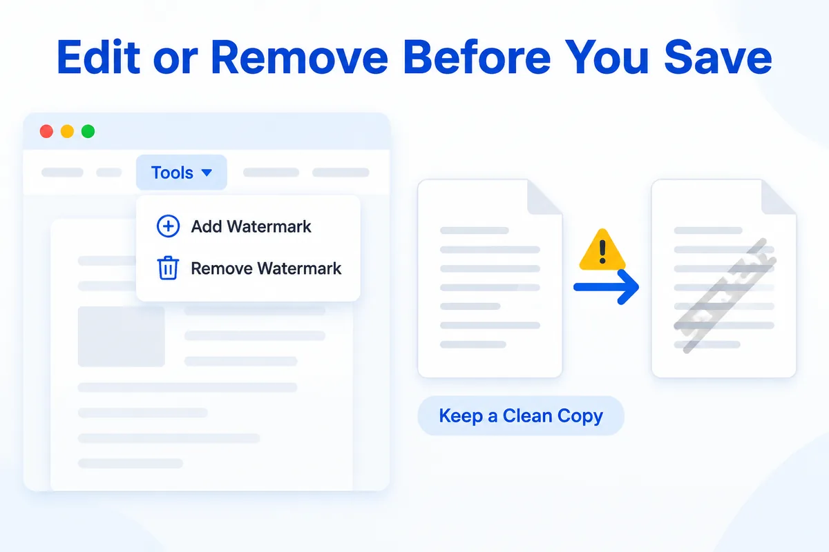 Change or remove before saving — after saving the watermark becomes part of every page, so keep a clean original