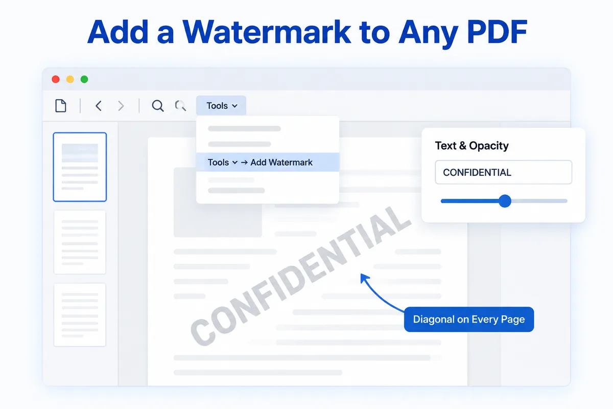 Add a watermark to a PDF — Tools, Add Watermark, Text and Opacity, diagonal on every page