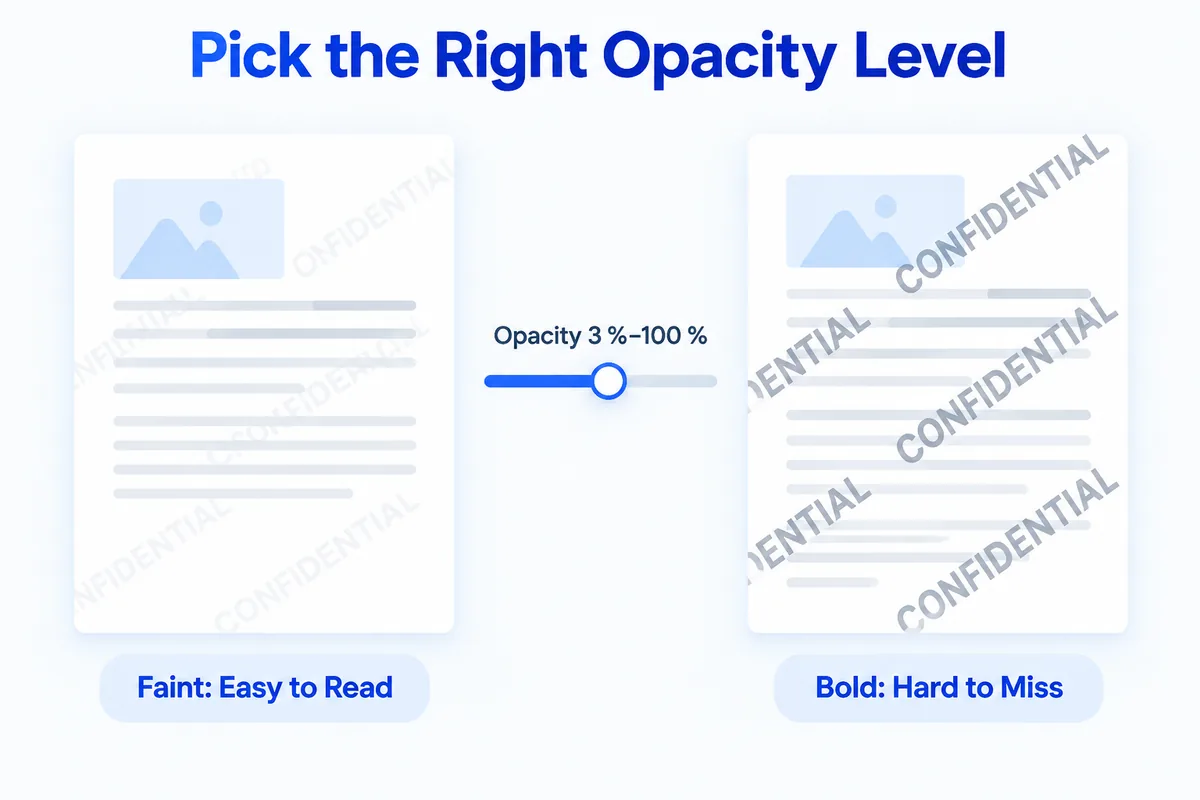 Text and opacity — a light watermark keeps the page readable, a dark one is hard to miss