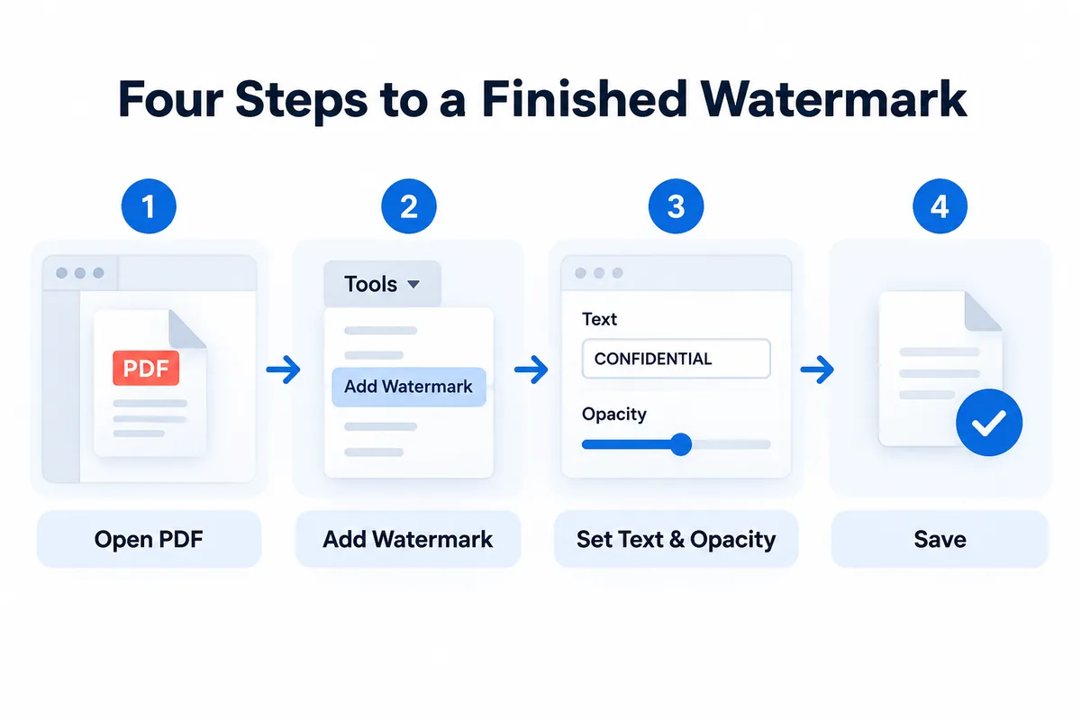 Watermark in 4 steps — Tools, Add Watermark, type the text and opacity, save