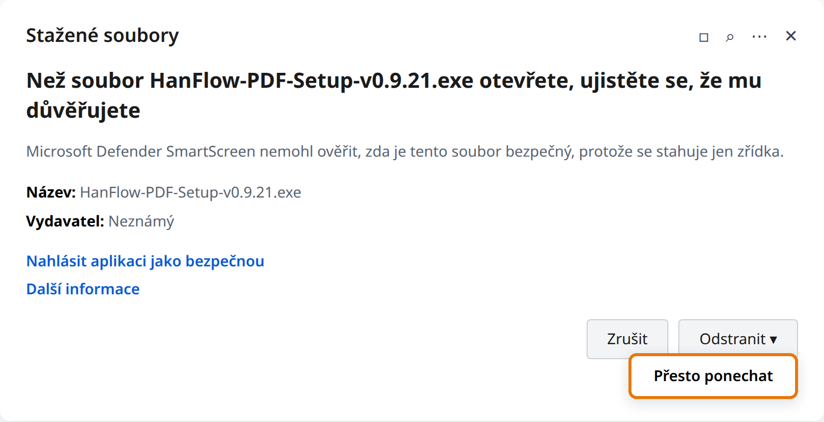 Klikněte na šipku vedle Odstranit a poté na Přesto ponechat