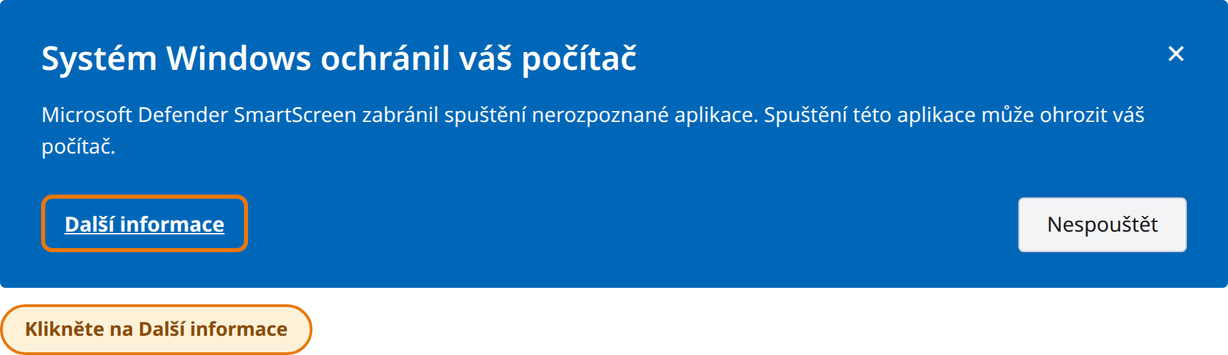 Klikněte na Další informace v okně Systém Windows ochránil váš počítač