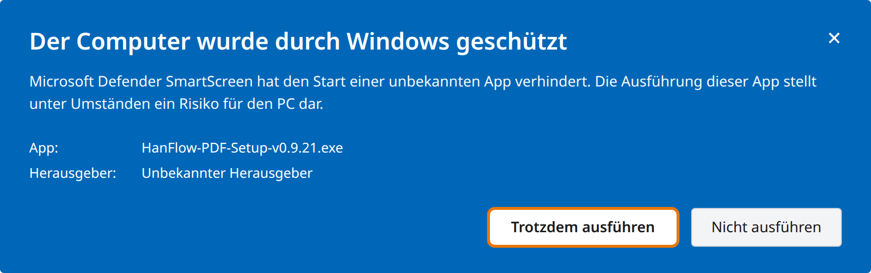 „Trotzdem ausführen“ anklicken