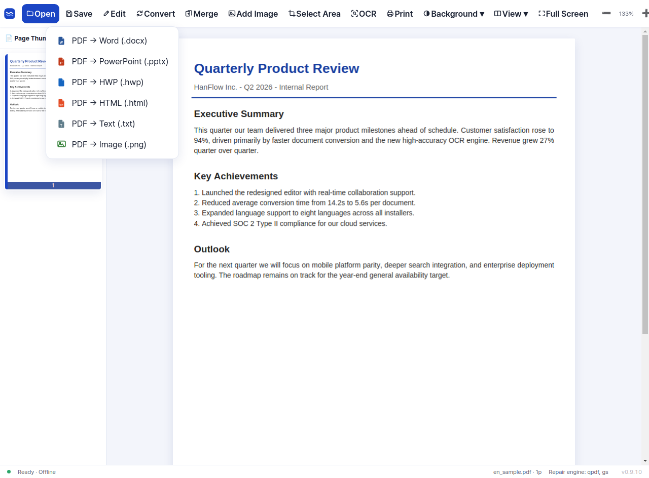 Convert PDF to Word, PowerPoint, HTML, text and images