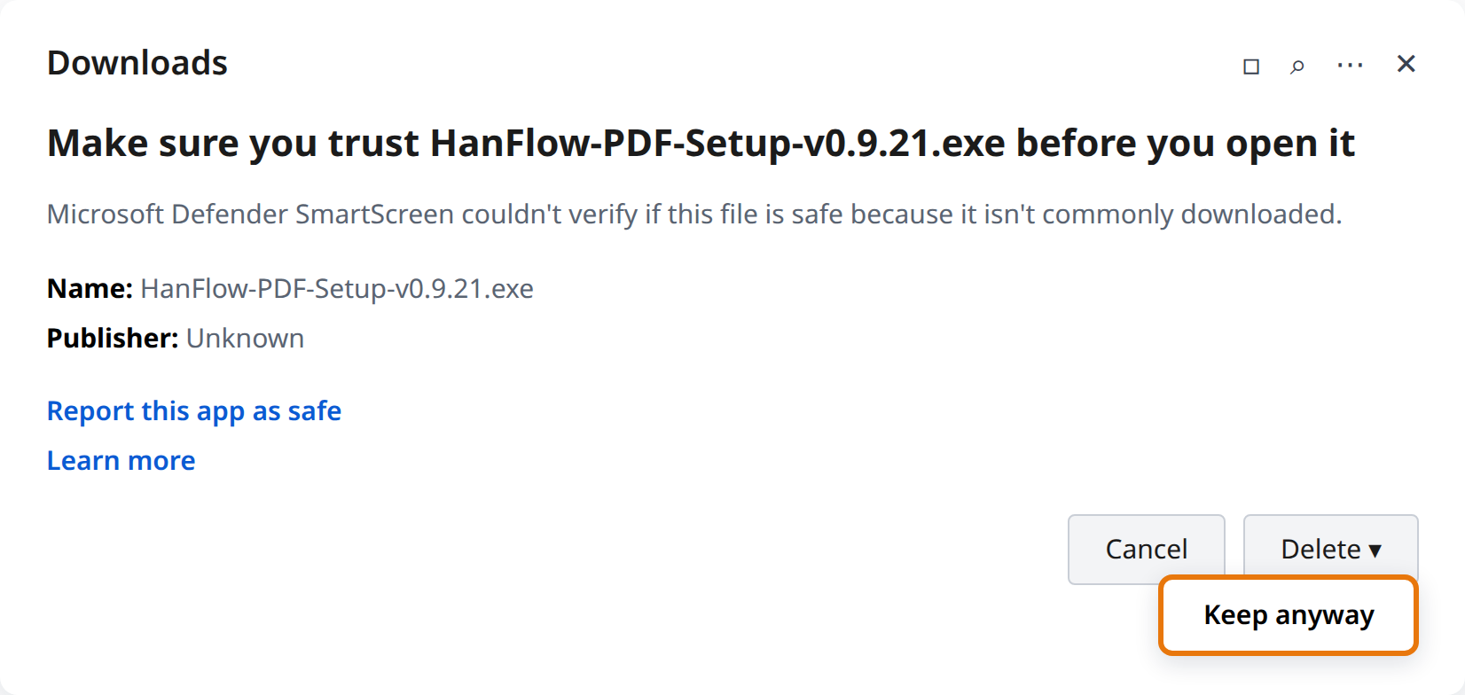Click the arrow next to Delete, then Keep anyway