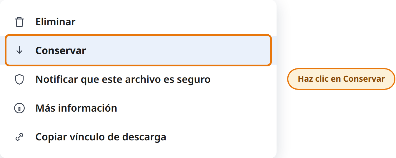 Clic en «Conservar» en el menú