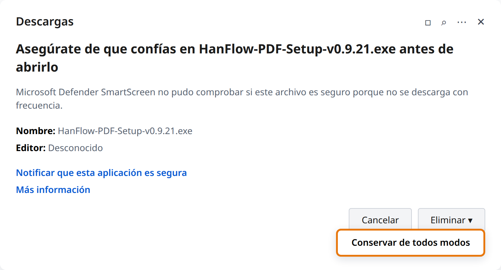 Clic en la flecha junto a «Eliminar» y luego «Conservar de todas formas»