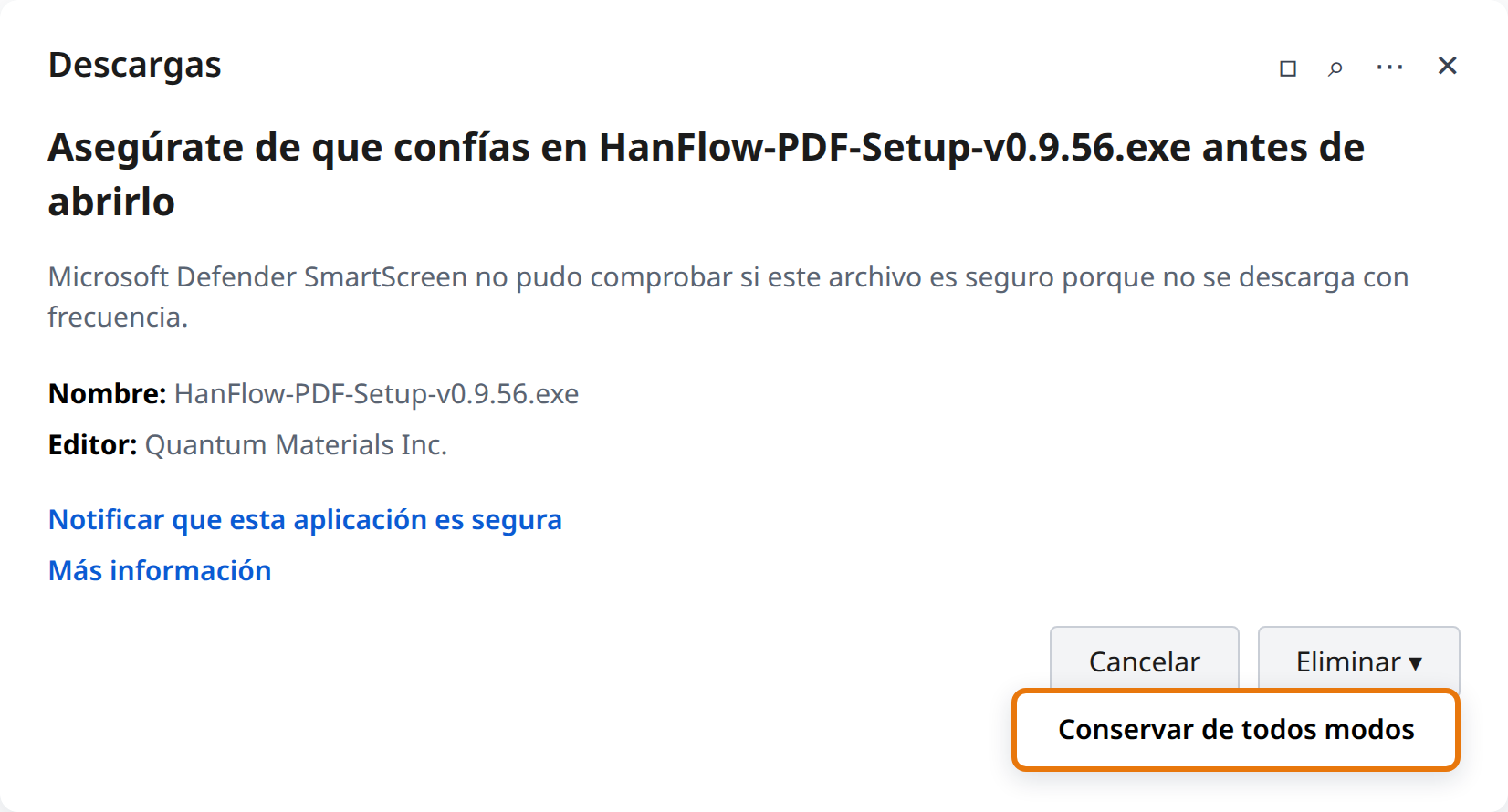 Clic en la flecha junto a «Eliminar» y luego «Conservar de todas formas»