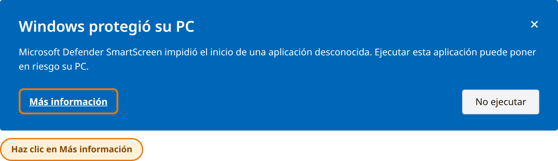 Clic en «Más información» en la ventana «Windows protegió su PC»