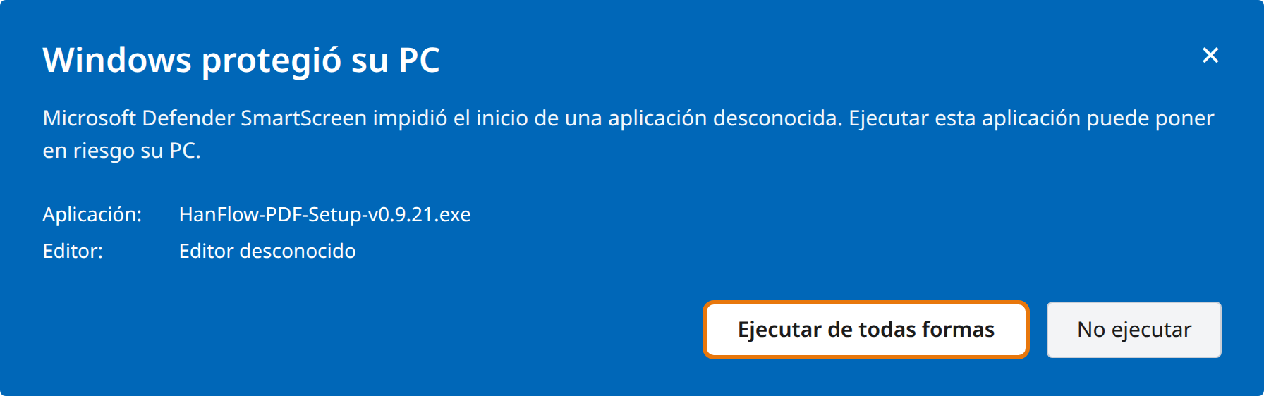 Clic en «Ejecutar de todas formas»