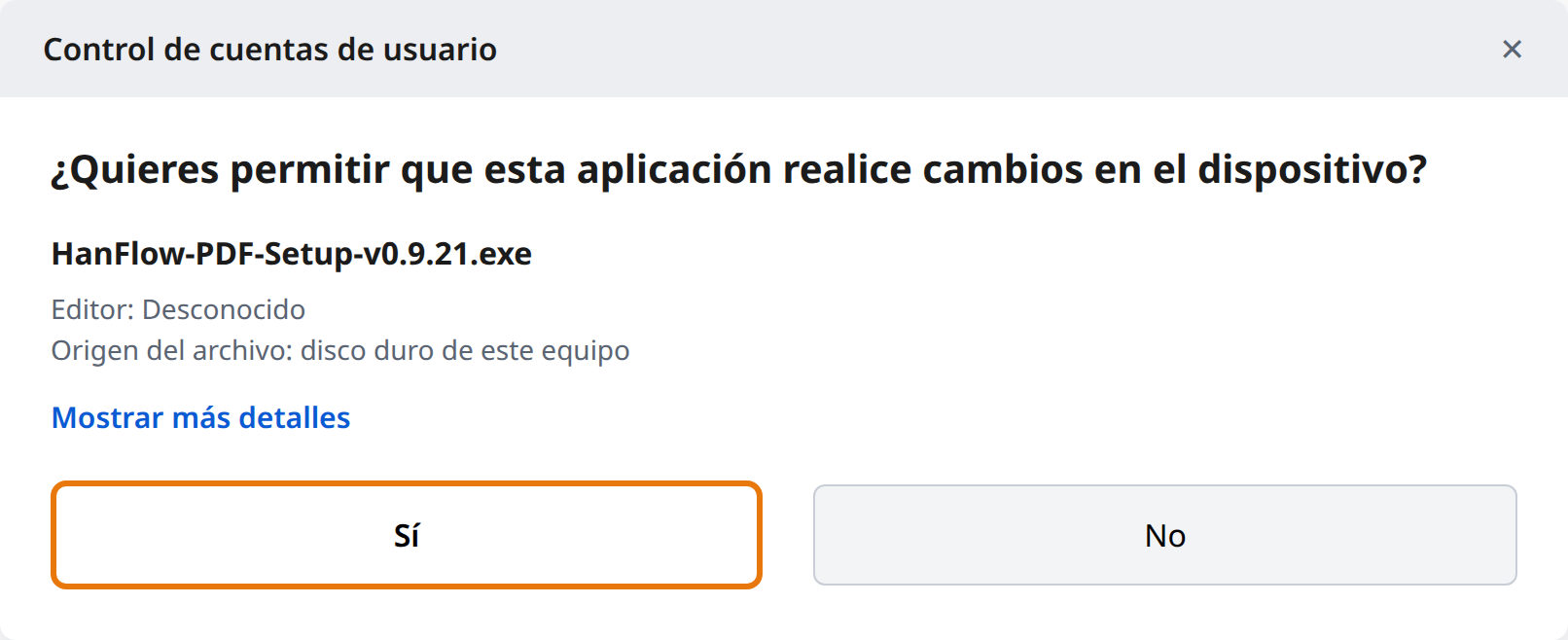 Clic en «Sí» en el Control de cuentas de usuario