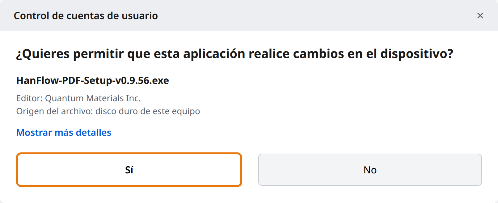 Clic en «Sí» en el Control de cuentas de usuario