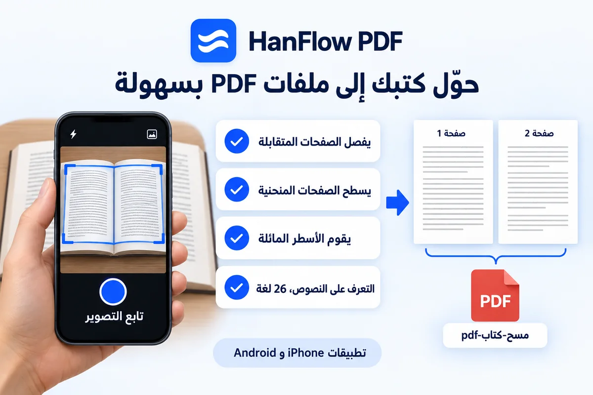 تصوير كتاب مفتوح بهاتف: يتم فصل الصفحتين وتسويتهما وحفظهما كملف PDF