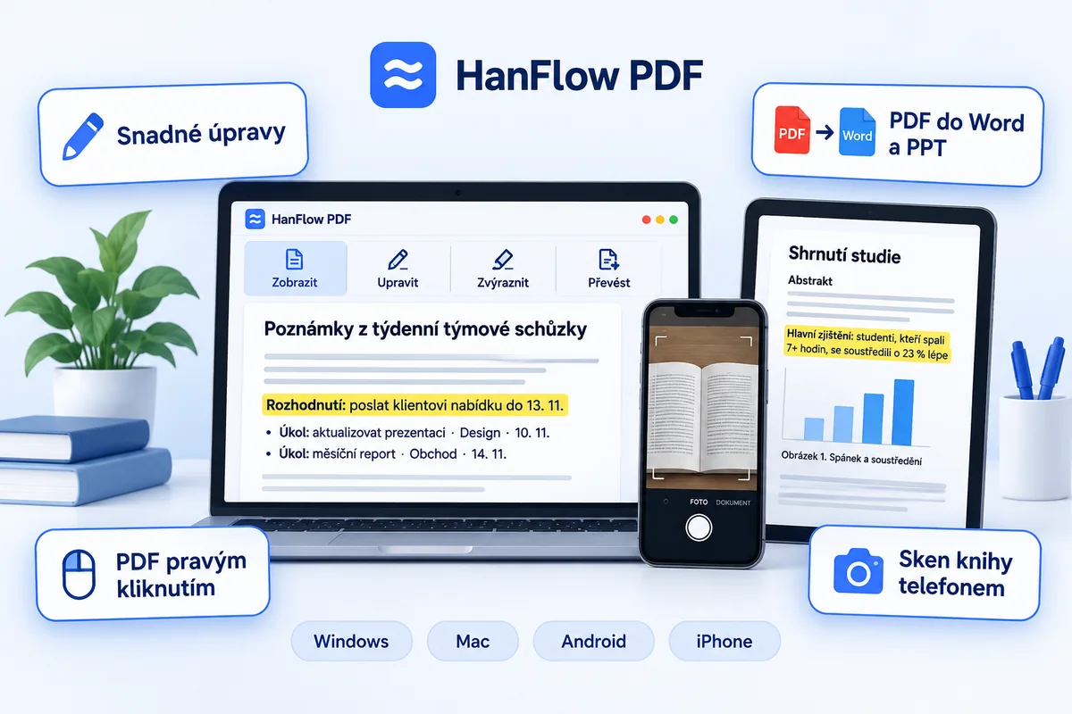 HanFlow PDF — snadné úpravy, PDF do Word a PowerPoint, pravým tlačítkem do PDF, skenování knih telefonem, na Windows, Mac, Android a iPhone