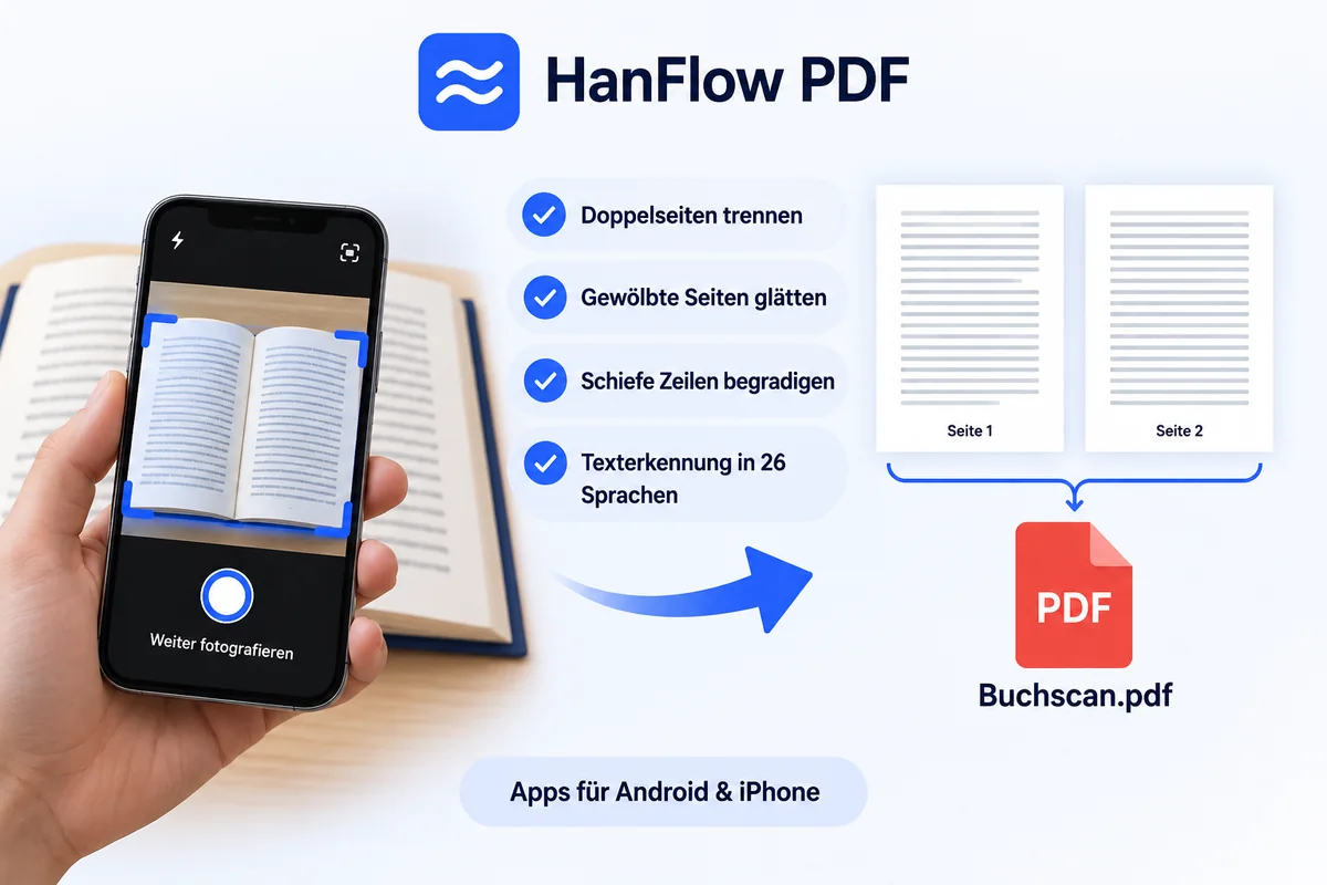 Ein aufgeschlagenes Buch wird mit einem Handy fotografiert: Die zwei Seiten werden getrennt, geglättet und als PDF gespeichert