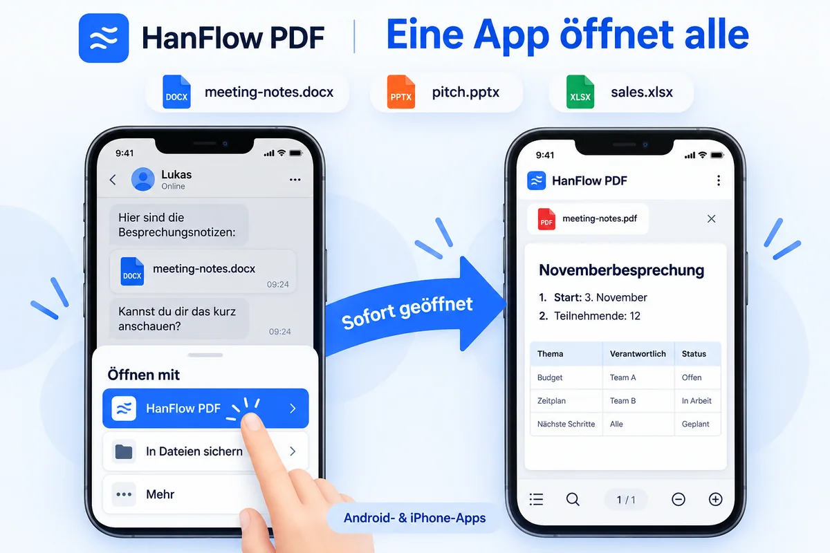 Eine in einem Messenger empfangene Word-Datei wird über die Liste „Öffnen mit“ mit HanFlow PDF geöffnet und auf dem Smartphone als PDF angezeigt