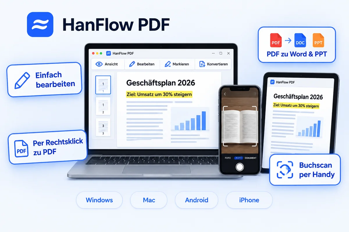 HanFlow PDF — einfache Bearbeitung, PDF zu Word und PowerPoint, per Rechtsklick zu PDF, Buchscan per Handy, auf Windows, Mac, Android und iPhone